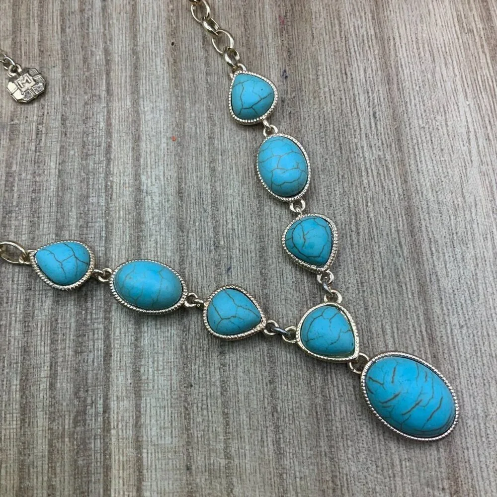 Monet Faux Turquoise Stone  Gold Tone Y  Necklace